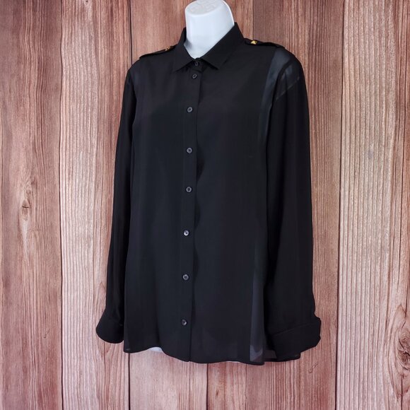 *READ* Gucci Black Sheer Blouse Shirt Studded Epaulets Long Sleeve Button Up - Picture 5 of 16